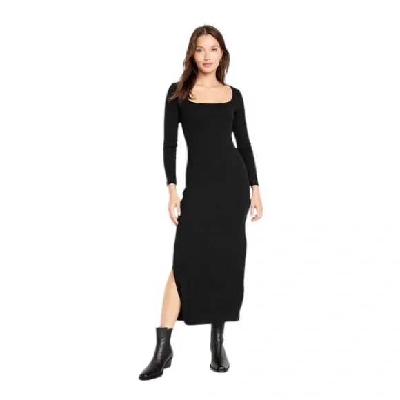 Old Navy Fitted Rib-Knit Square-Neck Midi Dress Black SZ L NWOT